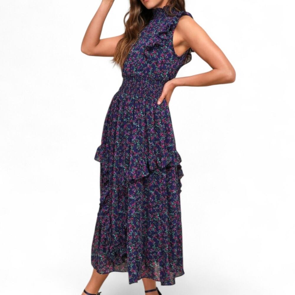 Lulus | Mock Neck Midi Dress Floral Ruffle Keyhole Back Whimsigoth Whimsy